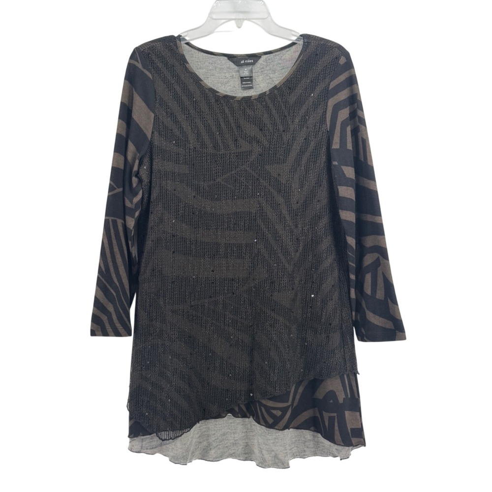 Ali Miles Tunic Top Womens M Brown Black Sequin Mesh Overlay Asymmetrical Hem
